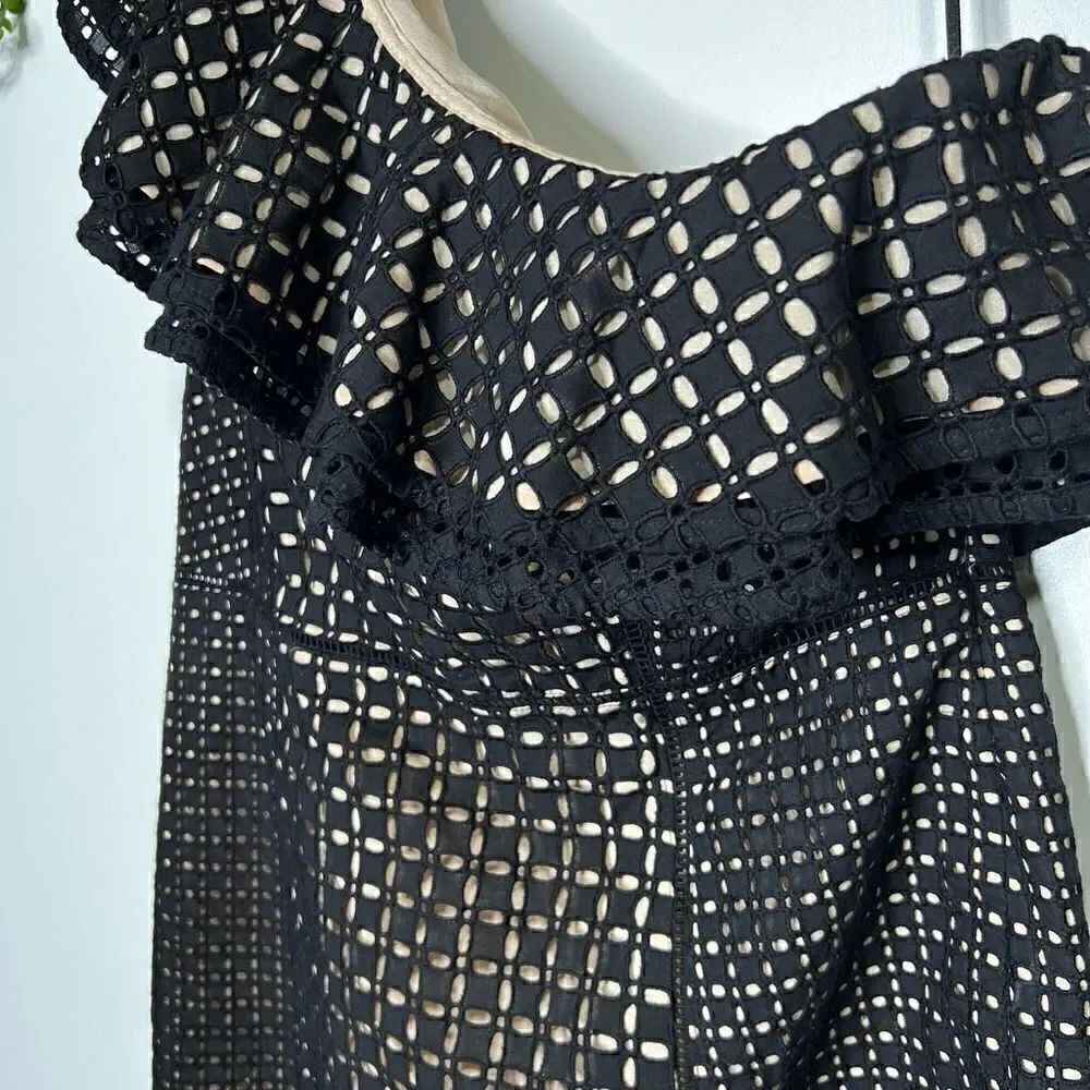 J. Crew Collection One Shoulder Eyelet Ruffle Mini Dress Black - Picture 5 of 13